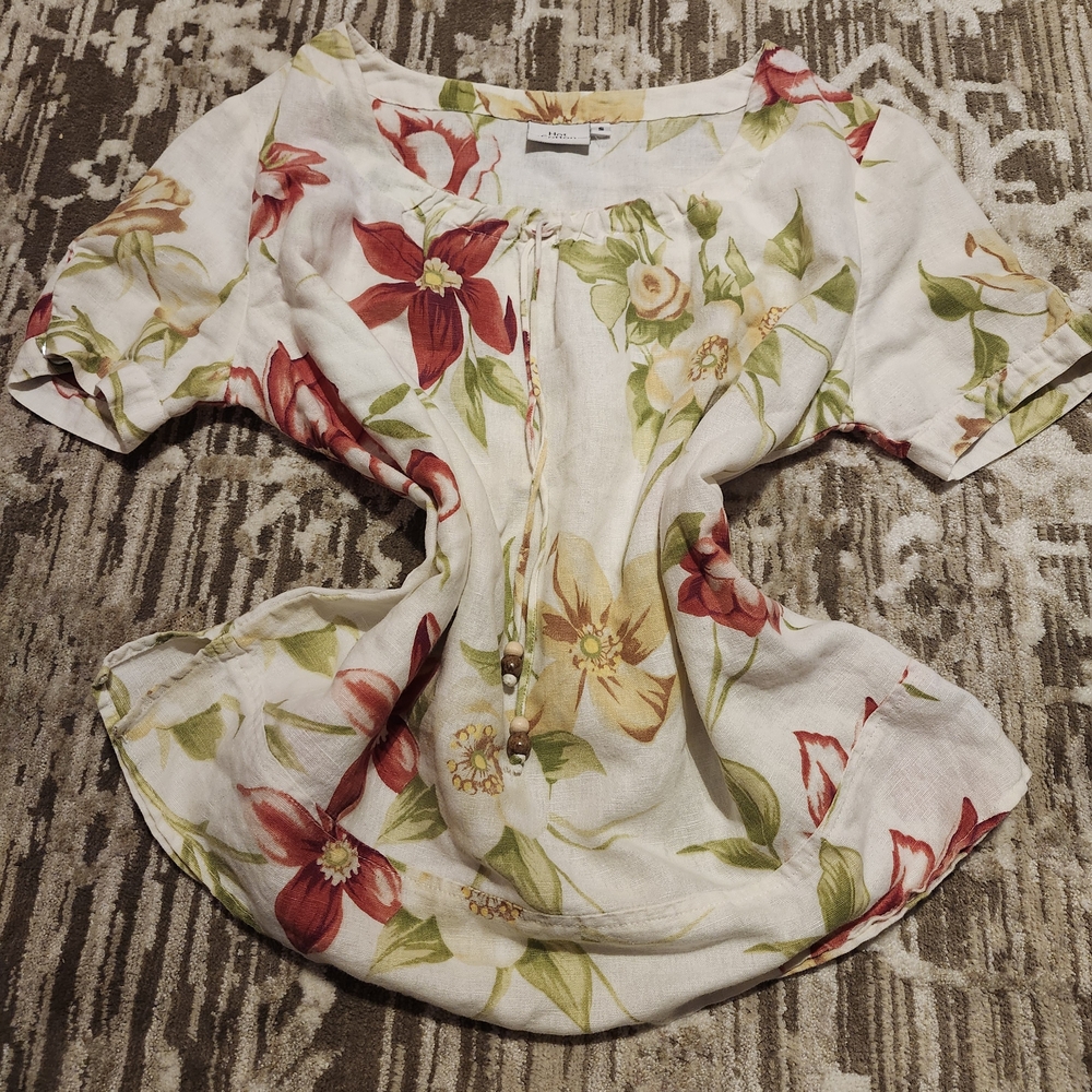 Hot Cotton White Floral Peasant Blouse with Red & Green Accents